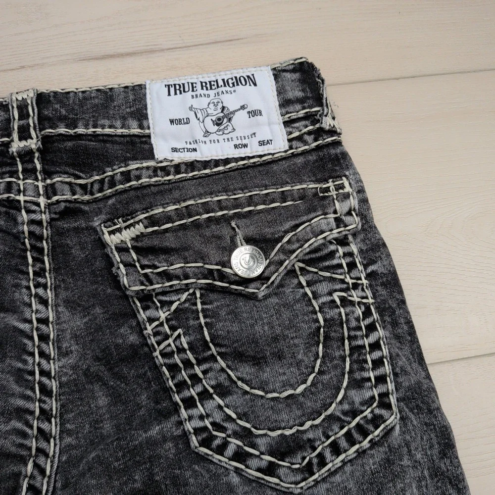 True Religion Ricky Relaxed Straight Jeans Mens 34 Black Acid Wash White Stitch